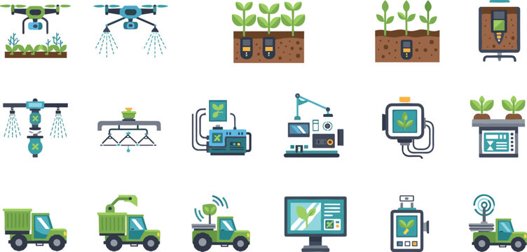 Smart farming technology icons vector set with drones irrigation sensors tractors and crop monitoring systems for precision agriculture and agritech solutions