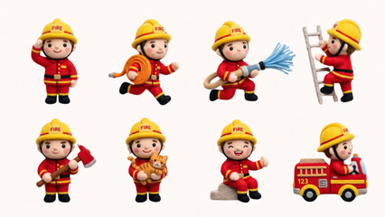 Fototapeta premium Cute firefighter character set performing rescue and emergency duties