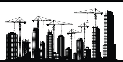 Black silhouette of city construction site with cranes and high rise buildings under development, isolated on white background, urban architecture © Juwel