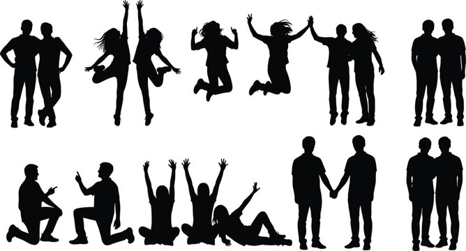 Black silhouette of people group in diverse poses jumping sitting standing and couples holding hands isolated on white background for design