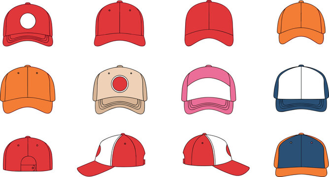 Baseball cap collection with various styles and colors for casual fashion, sportswear, and headwear accessory illustration design