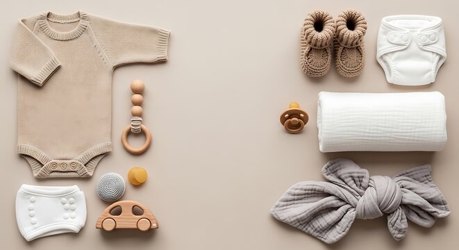 Flat lay of essential neutral-toned baby items including clothing, toys, and accessories on a beige background.