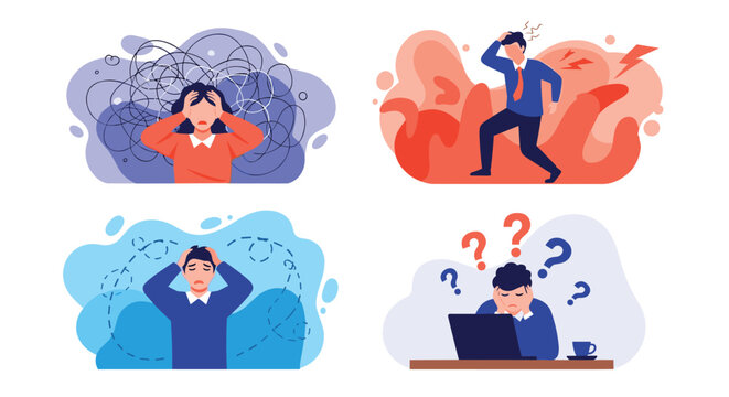 Set of illustrations portrays various mental health challenges and emotions including stress confusion anger and overwhelming anxiety.