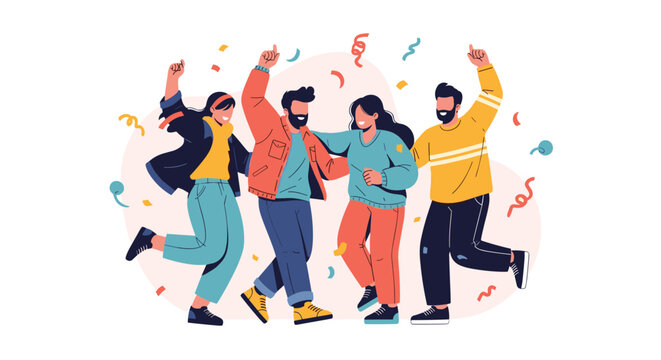 Energetic group of friends celebrates a special occasion by dancing joyfully under colorful falling confetti on a light background.