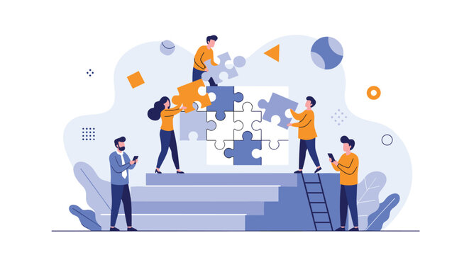 Diverse group of professionals working together to assemble a giant jigsaw puzzle representing teamwork and solving.