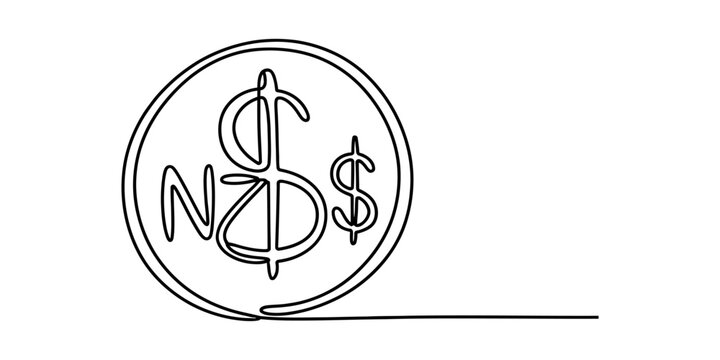 Continuous single line drawing of new zealand dollar coin symbol Vector, illustration