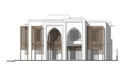 Naklejka premium Modern Islamic Villa Facade Elevation with Arched Openings and Mashrabiya Screen Panels CAD Drawing