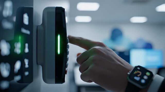 Security access control keypad reader with red light and keyboard mounted on wall modern office interior