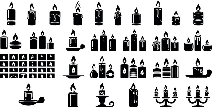 Candle silhouettes collection burning wax candles with flames decorative light icons black shapes vector illustration set