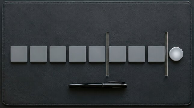 Top down corporate progress tiles with crystal divider bars on charcoal leather desk mat and pen, minimal business background with copy space