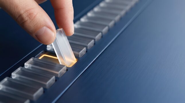 Finger removing translucent module from an ordered technology row with amber highlighted gap and wide copy space