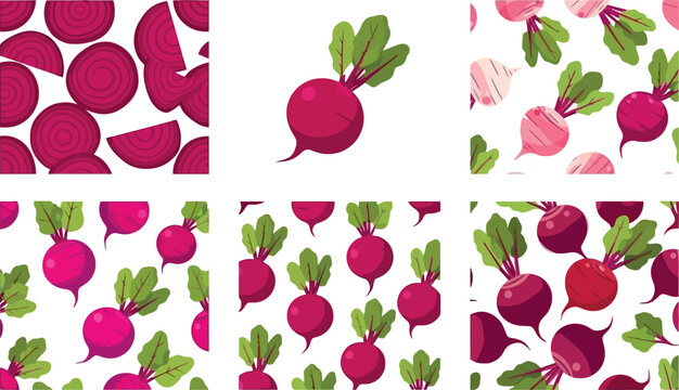 Beetroot seamless pattern with fresh vegetables slices and leaves organic food background healthy nutrition vector illustration design