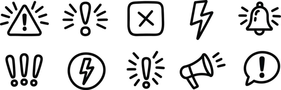 Attention, doodle icon set with hand drawn caution warning marks and alert symbols, exclamation and error signs, vector illustration design.