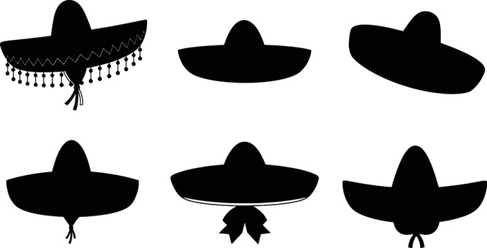 Sombrero hat silhouettes set traditional Mexican hats black shapes cultural costume accessories vector illustration collection