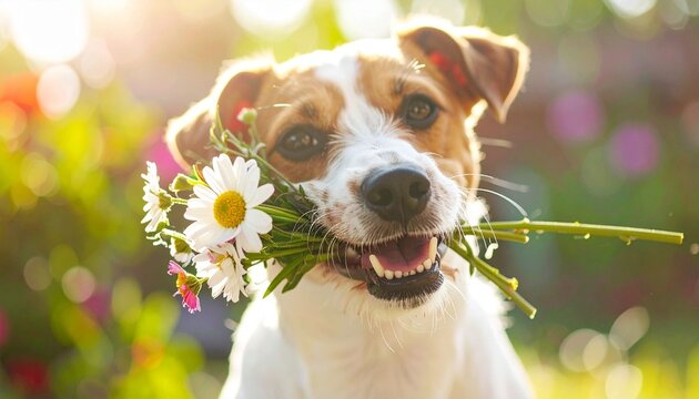 Dog with flowers in sunny garden
