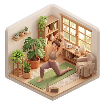 Isometric illustration of a woman practicing yoga in a serene home environment surrounded by plants and natural light.