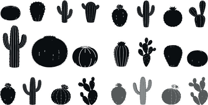 Cactus silhouettes set desert plants collection prickly pear and saguaro shapes black botanical vector illustration pack