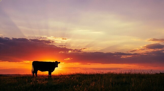 Cow silhouette at sunset field peaceful qurban concept
Silhouette of a cow standing in a field during sunset, creating a peaceful and atmospheric livestock scene.
