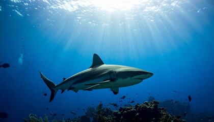 Obraz premium Shark swimming underwater with sunlight