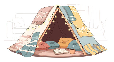 A cozy tent setup with blankets and pillows © Junet