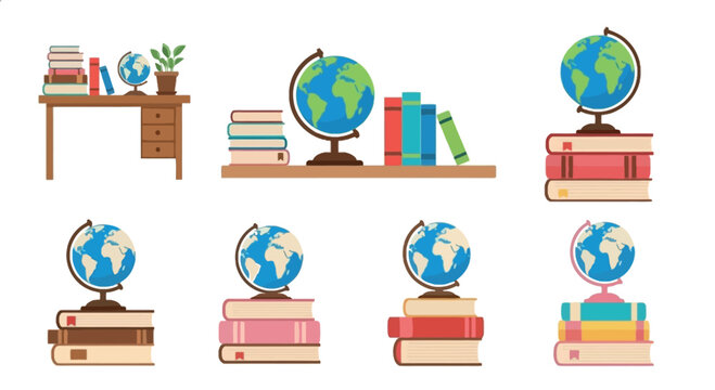 Education icons set books globe school elements learning knowledge study objects flat vector illustration collection academic design pack