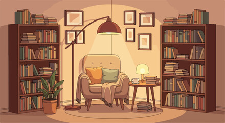 A cozy reading nook with bookshelves and warm lighting © Junet