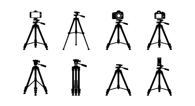 Photography Tripod Icons Set, Camera Support Equipment Collection, Stable Mount Gear Graphics, Video Stabilizer Vector Graphics