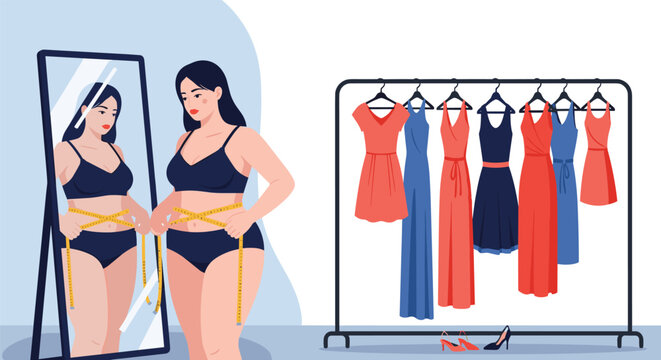 Woman in black underwear measuring her waist with a yellow tape in front of a full-length mirror next to a rack of dresses.