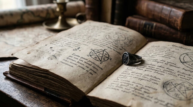 Ancient Grimoire with Mystical Symbols, Latin Text and Signet Ring on Old Wooden Table