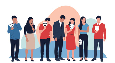 Fototapeta premium Diverse group of people standing together holding white theatre masks with happy faces to hide their true emotions.