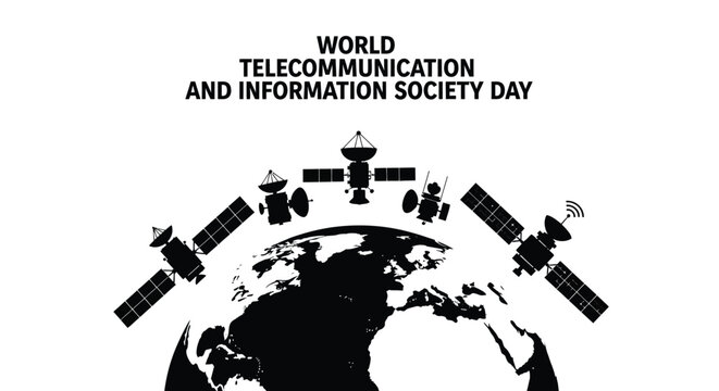 Silhouette of orbiting satellites around earth representing global connectivity for world telecommunication and information society day
