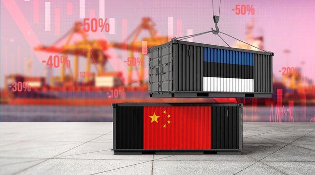 Trade Tension in Silhouette: An evocative image depicting a critical moment in global trade, with shipping containers adorned with flags, against a backdrop of financial indicators.