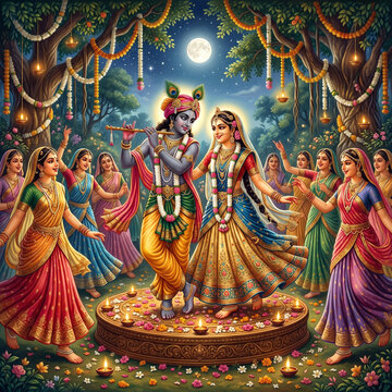 Radha and Krishna dancing in a circle with devotees in a forest under full moon