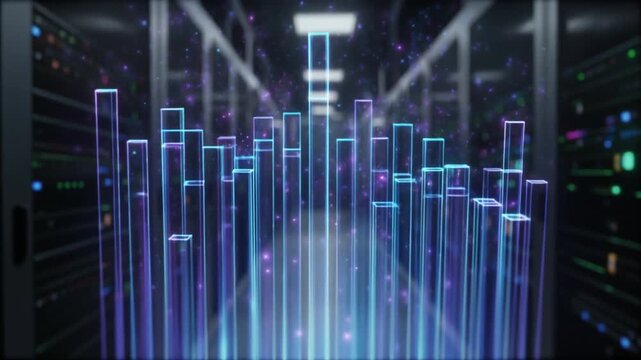 Digital bar graph analytics dashboard in futuristic data center