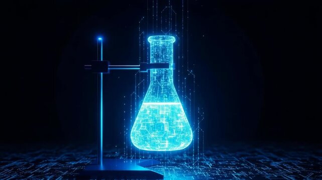 Glowing Digital Flask On Stand Illuminated With Blue Lights With Data Circuit Patterns Isolated On Dark Background Great For Science Technology Research Concept