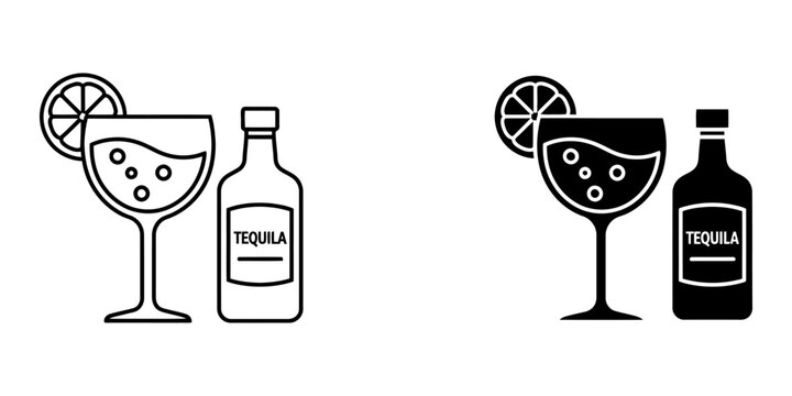 Tequila bottle and shot glass with lime slice icon outline and filled vector illustration design.