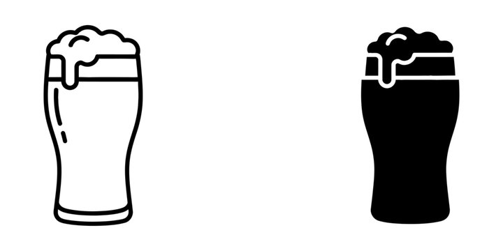 Beer glass icons in thin line and solid silhouette styles showing stout or ale drink with thick foam head on top perfect for pub menu design brewery branding and alcoholic beverage craft collection.