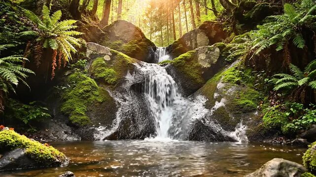 Waterfall cascading over mossy rocks in a lush sunny forest