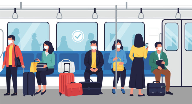 Passengers wearing protective face masks sit and stand inside a subway train car while traveling with their luggage and bags.