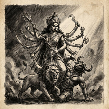 Detailed charcoal art drawing of Goddess Durga triumphant over Mahishasura

