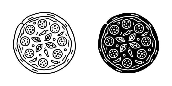Pepperoni pizza icons in line and silhouette styles with salami chili peppers and basil leaves toppings round dough with spicy ingredients vector illustration for food service and menu branding.
