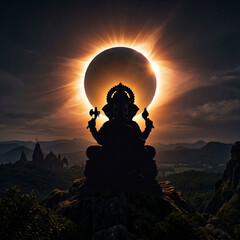 Fototapeta premium Silhouette of Lord Ganesha idol against a dramatic solar eclipse in the mountains 