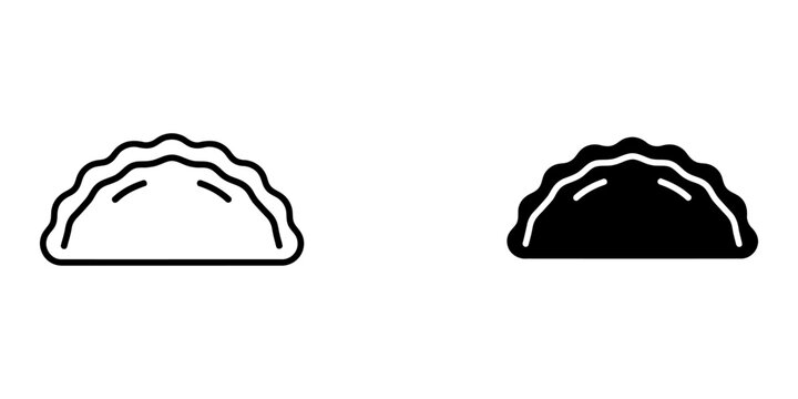 Calzone icon set with line and silhouette styles featuring stuffed pizza pocket with crimped edges and steam vents traditional italian pastry vector illustration for menu and food service apps.