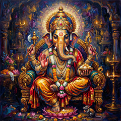 Fototapeta premium Intricately painted traditional Lord Ganesha idol with golden jewelry and divine aura