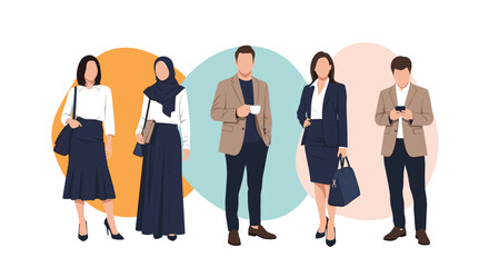 Fototapeta premium Professional men and women, including a woman in a hijab, dressed in smart business attire for corporate or office environments.