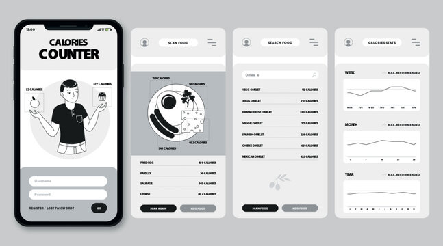 A mobile app onboarding screen with a calories counter interface and clean design layout for healthy lifestyle tracking and nutrition planning