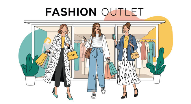 Group of fashionable women carrying shopping bags while walking past a clothing outlet store displaying the latest trendy collections.
