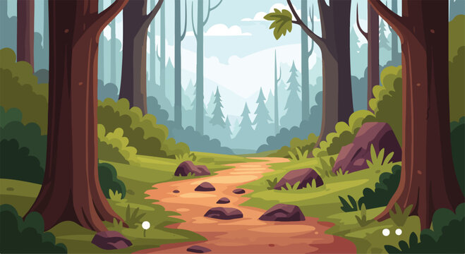 A serene cartoon forest with a winding dirt path