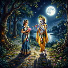 Fototapeta premium Lord Krishna playing flute with Radha in a serene moonlit forest path, spiritual Indian art