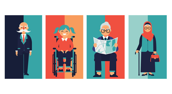 Portraits of diverse individuals from different generations and backgrounds shown in vibrant color blocked frames for social unity.